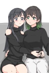 Rule 34 | 2girls, black hair, black sweater, breasts, closed mouth, clothing cutout, commentary request, gradient hair, green eyes, green hair, grey eyes, hair down, hand on another&#039;s back, highres, hug, long hair, long sleeves, looking at another, love live!, love live! nijigasaki high school idol club, majime na gakuinsei, medium breasts, multicolored hair, multiple girls, pants, short hair, shoulder cutout, sidelocks, sitting, sweater, takasaki yu, upper body, white pants, yuki setsuna (love live!), yuri