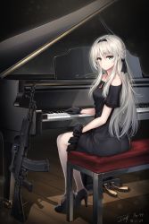 Rule 34 | 1girl, alternate costume, an-94, an-94 (girls&#039; frontline), aqua eyes, assault rifle, baek hyang, black dress, black footwear, black hairband, black ribbon, blush, breasts, character name, closed mouth, dated, dress, from behind, girls&#039; frontline, gloves, grey hair, gun, hair ribbon, hairband, high heels, highres, instrument, jewelry, long hair, looking at viewer, medium breasts, name connection, necklace, object namesake, off-shoulder dress, off shoulder, piano, ribbon, rifle, sidelocks, signature, sitting, stool, weapon