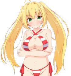 Rule 34 | 1girl, ahoge, blonde hair, blush, breasts, cleavage, closed mouth, earrings, fate/grand order, fate (series), green eyes, hair intakes, halterneck, highres, jewelry, large breasts, long hair, looking at viewer, navel, nero claudius (fate), nero claudius (fate) (all), nero claudius (swimsuit caster) (fate), niku114514810, smile, solo, twintails