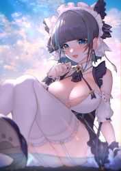 Rule 34 | 1girl, :d, animal ears, ass, azur lane, bare shoulders, black dress, black hair, blue eyes, breasts, cheshire (azur lane), cleavage, commentary request, detached sleeves, dress, earrings, fake animal ears, garter straps, halterneck, headdress, high heels, highres, jewelry, karinto yamada, knees up, large breasts, looking at viewer, multicolored hair, nail polish, open mouth, panties, shoes, short hair, sidelocks, sitting, smile, solo, streaked hair, thighhighs, underwear, white panties, white thighhighs, wing collar