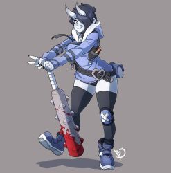 Rule 34 | 1girl, black hair, black nails, blackspaghette, blood, blue jacket, blue skin, blush, club (weapon), colored skin, hair over one eye, holding, holding weapon, horns, jacket, nail polish, oni, shoes, sneakers, spooky (ahegaokami), thick thighs, thighs, v, weapon