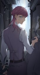 Rule 34 | 1boy, alley, ear piercing, formal, from behind, green eyes, highres, holding, holding clothes, holding jacket, hua (supa jopa), jacket, looking at viewer, looking back, male focus, piercing, pink hair, sanzu haruchiyo, scar, scar on face, suit, tokyo revengers, vest, wolf cut