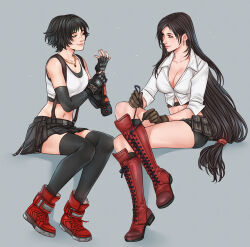 Rule 34 | 2girls, adjusting clothes, adjusting gloves, alternate costume, bike shorts, black gloves, black hair, black shorts, black skirt, black thighhighs, boots, breasts, brown gloves, cleavage, commentary, cosplay, costume switch, crop top, cropped shirt, cross-laced footwear, crossover, crylin6, devil may cry (series), final fantasy, final fantasy vii, fingerless gloves, gloves, grey background, highres, invisible chair, jewelry, knee boots, lace-up boots, lady (devil may cry), long hair, looking at another, low-tied long hair, midriff, miniskirt, multiple girls, navel, necklace, red footwear, shirt, short hair, short shorts, shorts, sitting, skirt, suspender skirt, suspenders, thighhighs, tifa lockhart, waist bag, white shirt
