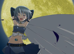 Rule 34 | 10s, 1girl, ^ ^, armpits, arms behind head, belt, blue hair, blush, cape, closed eyes, elbow gloves, flat chest, full moon, gloves, magical girl, mahou shoujo madoka magica, mahou shoujo madoka magica (anime), midriff, miki sayaka, moon, omotyanoneko, short hair, skirt, smile, solo, translation request, wind