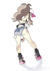 Rule 34 | 1girl, ass, ass focus, bare legs, baseball cap, blue eyes, breasts, brown hair, clothes pull, creatures (company), denim, denim shorts, full body, game freak, hat, highres, hilda (pokemon), holding, holding poke ball, lifted by self, long hair, looking at viewer, looking back, nintendo, poke ball, pokemon, pokemon bw, ponytail, shiny skin, short shorts, shorts, shorts pull, simple background, small breasts, smile, solo, spaghetto087, standing, thick thighs, thighs, very long hair, white background, wide hips