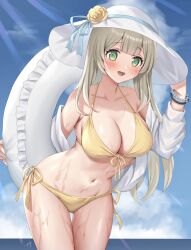 Rule 34 | 1girl, :d, bare shoulders, bikini, blue archive, blue ribbon, blue sky, breasts, cleavage, cloud, commentary request, cowboy shot, day, front-tie bikini top, front-tie top, green eyes, grey hair, hat, hat ribbon, highres, innertube, jacket, large breasts, long hair, looking at viewer, nonomi (blue archive), off shoulder, open mouth, oshage (osyage921), ribbon, side-tie bikini bottom, sky, smile, solo, standing, sweat, swim ring, swimsuit, thighs, very long hair, white hat, white jacket, yellow bikini