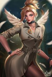 Rule 34 | 1girl, alternate costume, blonde hair, blue eyes, breasts, choker, citemer, cleavage, coat, feathered wings, high ponytail, long hair, looking at viewer, mercy (overwatch), nail polish, overwatch, overwatch 1, pantyhose, solo, wings