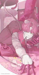Rule 34 | 1boy, antique phone, ass, bent over, collared shirt, gloves, highres, holding, holding phone, humanization, k00s, looking at viewer, male focus, necktie, panther boy, panther ears, panther tail, pants, parted bangs, phone, pink gloves, pink necktie, pink pants, pink theme, pink vest, rotary phone, shirt, smile, solo, the pink panther, the pink panther (character), vest, white shirt, yellow eyes