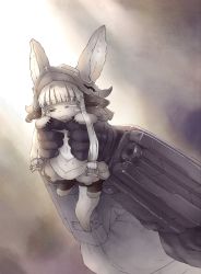 Rule 34 | 1other, :3, androgynous, animal ears, closed mouth, commentary request, fake horns, full body, furry, helmet, highres, horizontal pupils, horned helmet, horns, long hair, looking at viewer, made in abyss, monochrome, nanachi (made in abyss), parody, rabbit ears, robot, sankuma, scene reference, sepia, solo, tail, the lion king, whiskers