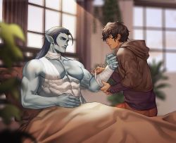 Rule 34 | 2boys, abs, artist name, bandages, bara, bed, bed sheet, biceps, black hair, blue skin, blurry, blurry background, brown hair, building, colored skin, commission, couple, covered abs, dark skin, ear piercing, earrings, jacket, jewelry, jouvru, long hair, looking at another, lying, male focus, multiple boys, muscular, muscular male, nipples, on back, original, pants, pectoral cleavage, pectorals, piercing, plant, pointy ears, room, topless male, tusks, yaoi