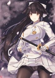 Rule 34 | aiguillette, azur lane, black hair, black pantyhose, bow, breasts, cherry blossoms, crotch seam, enchuu, gloves, hair bow, hair flaps, holding, holding sword, holding weapon, katana, large breasts, military, military uniform, miniskirt, panties, panties under pantyhose, pantyhose, pleated skirt, ponytail, ribbon, skirt, solo, sword, takao (azur lane), thighband pantyhose, underwear, uniform, weapon, white bow, white gloves, white ribbon, white skirt