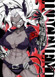 Rule 34 | 1girl, abs, belt, black horns, breasts, cape, chain, character name, claw (weapon), colored skin, dark-skinned female, dark skin, demon girl, demon horns, demon tail, gauntlets, hand on own hip, helltaker, highres, horn spikes, horns, jacket, judgement (helltaker), large breasts, long hair, looking at viewer, muscular, muscular female, navel, revealing clothes, smile, solo, spikes, tail, tonfa, torn cape, torn clothes, torn coat, torn jacket, warugaki (sk-ii), weapon, white eyes, white hair
