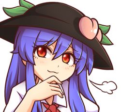 Rule 34 | 1girl, :3, black hat, blue hair, blush, commentary, commission, english commentary, food, fruit, hair between eyes, hand on own chin, hand up, hat, head tilt, hinanawi tenshi, leaf, long hair, looking at viewer, peach, portrait, puff of air, puffy short sleeves, puffy sleeves, red eyes, red neckwear, shirt, short sleeves, sidelocks, simple background, solo, touhou, white background, white shirt, wing collar, wool (miwol)
