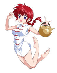 Rule 34 | 1girl, :d, barefoot, blue eyes, braid, china dress, chinese clothes, dress, feet, female focus, full body, funnyari, genderswap, genderswap (mtf), jumping, kettle, open mouth, ranma-chan, ranma 1/2, red hair, saotome ranma, simple background, single braid, smile, soles, solo, toes, white background