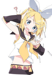 Rule 34 | 1girl, :o, ?, armpits, bare shoulders, belt, black sailor collar, blonde hair, blue eyes, blush, confused, crop top, detached sleeves, hair ornament, hairband, hairclip, headphones, headset, ixy, kagamine rin, leaning to the side, midriff, nail polish, navel, open mouth, sailor collar, shirt, short hair, simple background, sleeveless, sleeveless shirt, solo, sweatdrop, treble clef, upper body, vocaloid, white background, white hairband, yellow belt, yellow nails