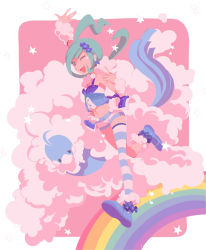 Rule 34 | 1girl, ;d, altaria, arm warmers, blue footwear, boots, commentary request, creatures (company), floating hair, game freak, gen 3 pokemon, green hair, huan li, lisia (pokemon), nintendo, one eye closed, open mouth, pokemon, pokemon (creature), pokemon oras, rainbow, short hair with long locks, shorts, shorts under skirt, showgirl skirt, single thighhigh, smile, star (symbol), striped clothes, striped thighhighs, teeth, thighhighs, tongue, upper teeth only