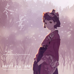 Rule 34 | 1girl, animal print, bird print, black gloves, black hair, black hakama, brown eyes, chinese commentary, closed mouth, commentary request, day, english text, expressionless, floral print, flower, from side, gloves, hair flower, hair ornament, hakama, hakama skirt, happy new year, highres, japanese clothes, kimono, long sleeves, looking at viewer, looking to the side, mixed-language commentary, new year, original, outdoors, print kimono, purple kimono, red flower, red rose, rose, short hair, skirt, snowing, sunlight, upper body, wide sleeves, winter, xue xue, yukata