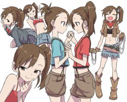 Rule 34 | 2girls, :d, bandana, belt bra, blue shirt, boots, bow, bowtie, bra, breasts, brown footwear, closed mouth, cowboy boots, cowboy hat, denim, denim shorts, eye contact, futami ami, futami mami, grey jacket, grey shorts, grey skirt, hat, highres, idolmaster, idolmaster (classic), index finger raised, interlocked fingers, jacket, kneeling, looking at another, multiple girls, navel, one side up, open mouth, profile, red bra, red neckwear, red shirt, school uniform, shirt, short hair, shorts, siblings, simple background, sisters, skirt, small breasts, smile, suspender shorts, suspenders, twins, underwear, w, white background, yamamoto souichirou