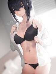 ... 1girl @_@ bangosu black_bra black_eyes black_hair black_panties bow bow_panties bra breasts bruise commentary_request highres injury lingerie original panties shirt solo underwear white_shirt