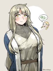 Rule 34 | 2girls, arms behind back, belt, blue robe, blush, breasts, brown belt, chibi, chibi inset, co1fee, commentary, curvy, dress, dungeon meshi, falin touden, falin touden (tallman), grey hair, grey shirt, highres, large breasts, light smile, long hair, looking to the side, marcille donato, multiple girls, robe, shirt, solo focus, speech bubble, straight hair, symbol-only commentary, upper body, very long hair, white dress, yellow eyes