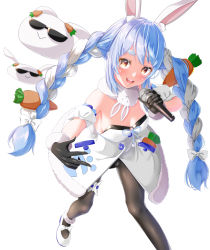 1girl, :d, animal ear fluff, animal ears, bangs, bare shoulders, black gloves, black legwear, black leotard, blue hair, braid, breasts, bunny, bunny ears, bunny tail, carrot hair ornament, coat, creature, detached sleeves, don-chan (usada pekora), food themed hair ornament, foot out of frame, full body, fur-trimmed coat, fur-trimmed gloves, fur scarf, fur trim, garters, gloves, hair ornament, highres, hikimayu, holding, holding microphone, hololive, leotard, leotard under clothes, long hair, looking at viewer, mary janes, microphone, multicolored hair, nousagi (usada pekora), open mouth, orange eyes, pantyhose, playboy bunny, puffy short sleeves, puffy sleeves, red eyes, scarf, shoes, short eyebrows, short sleeves, simple background, single garter, small breasts, smile, solo, strapless, strapless coat, strapless leotard, swept bangs, tail, thick eyebrows, throwing, twin braids, twintails, two-tone hair, upper teeth, usada pekora, virtual youtuber, white background, white coat, white footwear, white hair, white scarf, white sleeves, yakatora