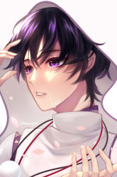 Rule 34 | 1boy, artist name, black hair, closed mouth, crying, crying with eyes open, detached sleeves, genshin impact, hair between eyes, hands up, highres, kuronushi (genshin impact), long sleeves, looking to the side, male focus, mandarin collar, minntopotato, multicolored hair, official alternate costume, petals, pom pom (clothes), purple eyes, purple hair, purple shirt, scaramouche (genshin impact), scaramouche (kabukimono) (genshin impact), shirt, short hair, simple background, solo, tears, teeth, two-tone hair, upper body, veil, vest, white background, white vest, wide sleeves