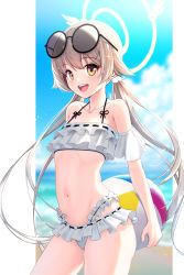 Rule 34 | 1girl, :d, azure-maya, ball, beach, beachball, bikini, blue archive, blue sky, blurry, blurry background, brown hair, cloud, collarbone, commentary request, day, eyewear on head, flat chest, frilled bikini, frills, halo, hifumi (blue archive), hifumi (swimsuit) (blue archive), highres, holding, holding ball, long hair, looking at viewer, navel, ocean, open mouth, round eyewear, round teeth, sky, smile, solo, stomach, sunglasses, swimsuit, teeth, upper teeth only, white background, white bikini, yellow eyes