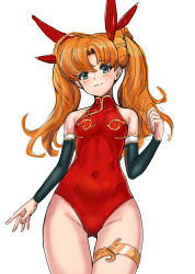 Rule 34 | absurdres, aqua eyes, bare shoulders, blush, bow, breasts, closed mouth, commentary request, covered navel, gold trim, hair bow, highleg, highleg leotard, highres, langrisser, langrisser iii, leotard, long hair, looking at viewer, mhg (hellma), orange hair, red leotard, simple background, sleeveless, small breasts, smile, solo, thigh strap, thighs, tiaris (langrisser), turtleneck, twintails, white background
