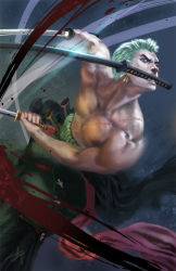 Rule 34 | 1boy, blood, earrings, fighting stance, green eyes, green hair, haramaki, jewelry, katana, male focus, matching hair/eyes, mouth hold, muscular, one-eyed, one piece, roronoa zoro, sabaody archipelago, scabbard, scar, scar across eye, scar on face, sheath, topless male, short hair, signature, solo, sword, triple wielding, weapon, young-street