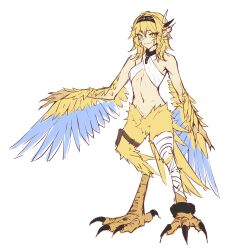 Rule 34 | 1girl, animal ears, anklet, bandaged leg, bandages, bare shoulders, bird ears, bird legs, black hairband, blonde hair, blue feathers, braid, collar, commentary, dokibird (vtuber), english commentary, facial mark, feathered wings, feathers, green eyes, hairband, harpy, highres, indie virtual youtuber, jewelry, long hair, metal collar, midriff, monster girl, monsterification, pouch, ricegnat, side braid, simple background, single braid, slit pupils, solo, talons, thigh pouch, two-tone wings, virtual youtuber, white background, winged arms, wings, yellow feathers
