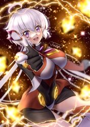 Rule 34 | 1girl, ahoge, blush, bodysuit, breasts, covered navel, headgear, highres, juan 0121, large breasts, long hair, looking at viewer, open mouth, pointing, pointing at viewer, purple eyes, senki zesshou symphogear, smile, solo, white hair, yukine chris