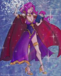 Rule 34 | 1girl, absurdres, alternate hairstyle, armor, book, boots, breasts, brunnya (fire emblem), cape, cleavage, fire emblem, fire emblem: the binding blade, high heel boots, high heels, highres, large breasts, lipstick, long hair, makeup, nintendo, pauldrons, pigeoncovenist, pink eyes, pink hair, purple eyes, purple hair, shoulder armor, signature, solo, tagme