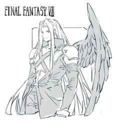 Rule 34 | 1boy, armor, chest strap, final fantasy, final fantasy vii, final fantasy vii remake, greyscale, high collar, long hair, long jacket, monochrome, papajay (jennygin2), parted bangs, sephiroth, shoulder armor, single wing, solo, square enix, straight hair, white background, wings