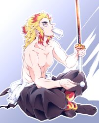 Rule 34 | 1boy, black pants, blonde hair, cleaning, cleaning weapon, colored tips, full body, highres, holding, holding sword, holding weapon, katana, kimetsu no yaiba, looking at object, male focus, mouth hold, multicolored hair, myukom, pants, red eyes, red hair, rengoku kyoujurou, sitting, solo, sword, two-tone background, two-tone hair, weapon