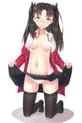 Rule 34 | 1girl, black hair, black skirt, black thighhighs, blue eyes, blush, breasts, clothes lift, fate/stay night, fate (series), gluteal fold, highres, ji dao ji, kneeling, medium breasts, mouth hold, off shoulder, open clothes, open shirt, panties, shadow, shirt, skindentation, skirt, skirt lift, solo, thighhighs, tohsaka rin, twintails, two side up, underwear, white background, white panties