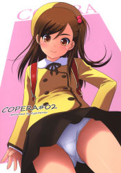 Rule 34 | 1girl, backpack, bag, beret, blazer, blush, brown hair, buttons, cover, cover page, flat chest, from below, hair bobbles, hair ornament, hand on own hip, hat, head tilt, highres, hip focus, jacket, lace, lace-trimmed panties, lace trim, long hair, looking at viewer, looking down, naughty face, non-web source, nonohara miki, one side up, orange eyes, original, panties, pantyshot, pleated skirt, randoseru, ribbon, scan, school uniform, sidelocks, skirt, smile, solo, standing, swept bangs, thighs, underwear, upskirt, white panties