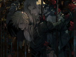 Rule 34 | 2boys, alternate universe, blonde hair, blouse, cloud strife, collared shirt, cross, cross necklace, evening, fence, final fantasy, final fantasy vii, flower, foliage, highres, holding another&#039;s wrist, iron fence, jewelry, long hair, messy hair, multiple boys, necklace, night, nun, red flower, red rose, rose, rose bush, sephiroth, shirt, short hair, smirk, spiked hair, sweat, white hair, white shirt, xiandao1213, yaoi