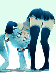 Rule 34 | 1girl, bad id, bad pixiv id, bent over, blush, boots, female focus, hatsune miku, looking back, msp sammy, panties, pantyshot, skirt, solo, thigh boots, thighhighs, underwear, upskirt, vocaloid, white panties