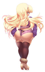 Rule 34 | 1girl, absurdres, ass, ass cutout, ass focus, ass support, blonde hair, boots, butt crack, cjhomics, clothes lift, clothing cutout, coat, dress, dress lift, embarrassed, from behind, full body, gravity falls, green eyes, hairband, highres, huge ass, long hair, looking at viewer, looking back, open mouth, pacifica northwest, panties, purple thighhighs, shiny clothes, shiny skin, short dress, simple background, skirt, skirt lift, solo, standing, thick thighs, thighhighs, thighs, underwear, very long hair, white background