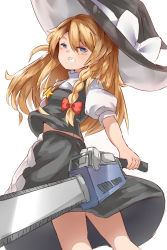 Rule 34 | 1girl, black skirt, black vest, blonde hair, blue eyes, blush, bow, braid, chainsaw, commentary request, cookie (touhou), feet out of frame, grin, hair between eyes, hair bow, hat, hat bow, highres, holding, holding chainsaw, kirisame marisa, long hair, looking at viewer, looking back, power tool, puffy short sleeves, puffy sleeves, red bow, short sleeves, side braid, simple background, single braid, skirt, smile, solo, star (symbol), suzu (cookie), touhou, unusually open eyes, vest, white background, white bow, witch hat, yumekamaborosh