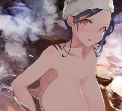 Rule 34 | 1girl, bath, bathing, blue hair, blush, breasts, hair up, highres, huge breasts, looking to the side, nude, onsen, open mouth, orange eyes, original, outdoors, partially submerged, rock, sidelocks, steam, tomochi (tmc tmc8), towel, towel on head, unfinished, water, wet, white towel