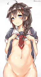 Rule 34 | 1girl, absurdres, ahoge, black hair, blue eyes, blush, bottomless, bow, braid, breasts, clothes lift, female focus, groin, hair bow, hair ornament, highres, kantai collection, katoroku, looking at viewer, navel, out-of-frame censoring, red bow, red neckwear, shigure (kancolle), shirt lift, short sleeves, shy, single braid, small breasts, solo, twitter username