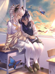 Rule 34 | 2girls, antenna hair, bad id, bad pixiv id, black footwear, blue butterfly, blue hair, blue nails, blue sky, bronya zaychik, brown jacket, brown skirt, bug, butterfly, chair, classroom, closed eyes, closed mouth, cloud, cloudy sky, desk, drill hair, ginklaga, grey hair, grey skirt, hair between eyes, hand on another&#039;s shoulder, highres, honkai (series), honkai impact 3rd, indoors, insect, jacket, leaning on person, leggings, long sleeves, multiple girls, nail polish, on desk, school uniform, seele vollerei, shoes, short hair, sitting, on desk, skirt, sky, sunset, table, twin drills, white legwear, window, yellow nails