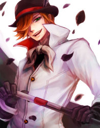 Rule 34 | 1boy, asymmetrical bangs, black gloves, black hat, bowler hat, buttons, cane, choma, collar, commentary request, feathers, gloves, green eyes, hair over one eye, hat, hat feather, high collar, holding, holding cane, leaf, long sleeves, looking at viewer, male focus, open mouth, orange hair, roman torchwick, rwby, short hair, simple background, smile, solo, stick, teeth, white background