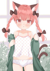 Rule 34 | 1girl, :o, animal ear fluff, animal ears, backlighting, bare shoulders, black bow, blunt bangs, blurry, blurry background, blush, bow, braid, cat ears, cat tail, collarbone, contrapposto, cowboy shot, depth of field, dress, extra ears, flat chest, green dress, hair bow, hair ribbon, hands up, kaenbyou rin, long hair, looking at viewer, midriff, multiple tails, nekomata, off shoulder, open mouth, panties, polka dot, red eyes, red hair, ribbon, solo, tail, touhou, tress ribbon, twin braids, twintails, two tails, umi suzume, underwear, unmoving pattern, window