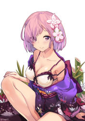 Rule 34 | 1girl, bad id, bad pixiv id, bare legs, bikini, bikini top only, blush, bra, breasts, cleavage, clothes down, clothes lift, commentary request, fate/grand order, fate (series), floral print, flower, hair flower, hair ornament, hair over one eye, highres, japanese clothes, kimono, kimono lift, kimono pull, large breasts, looking at viewer, mash kyrielight, mash kyrielight (grand new year), no eyewear, official alternate costume, purple bra, purple eyes, purple hair, sash, short hair, simple background, sjh, smile, solo, strap slip, swimsuit, twitter username, underwear, white background, white bikini