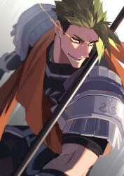 Rule 34 | 1boy, absurdres, achilles (fate), armor, blurry, clenched teeth, depth of field, eye trail, fate/apocrypha, fate (series), fighting stance, green hair, haruakira, highres, light trail, looking at viewer, male focus, mature male, orange sash, pauldrons, polearm, shoulder armor, simple background, solo, teeth, undercut, weapon, white background, yellow eyes