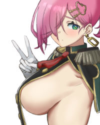 Rule 34 | 1girl, absurdres, azur lane, breasts, earrings, epaulettes, from side, gloves, green eyes, hair over one eye, highres, jewelry, large breasts, long hair, looking at viewer, mik4 xx, military, military uniform, oversized clothes, pink hair, shirt overhang, sideboob, simple background, solo, trieste (azur lane), uniform, upper body, v, white background, white gloves