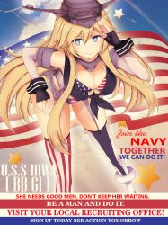 Rule 34 | 10s, 1girl, american flag, american flag bikini, bikini, blonde hair, blue eyes, breasts, cleavage, collar, collarbone, english text, flag print, garter straps, gloves, iowa (kancolle), kantai collection, large breasts, leaning forward, long hair, looking at viewer, metal collar, pixcel, poster (medium), propaganda, salute, skirt, smile, solo, star-shaped pupils, star (symbol), swimsuit, symbol-shaped pupils, thighhighs, united states