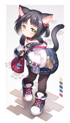Rule 34 | 1girl, animal collar, animal ear fluff, animal ears, bag, black hair, black pantyhose, blush, bow, cat ears, cat girl, cat tail, closed mouth, collar, collarbone, color guide, commentary request, full body, green eyes, hair bow, handbag, heart collar, highres, jacket, kito (sorahate), long sleeves, looking at viewer, original, pantyhose, paw print, plaid, plaid bow, red bow, red collar, short hair, short twintails, solo, standing, tail, twintails, zipper